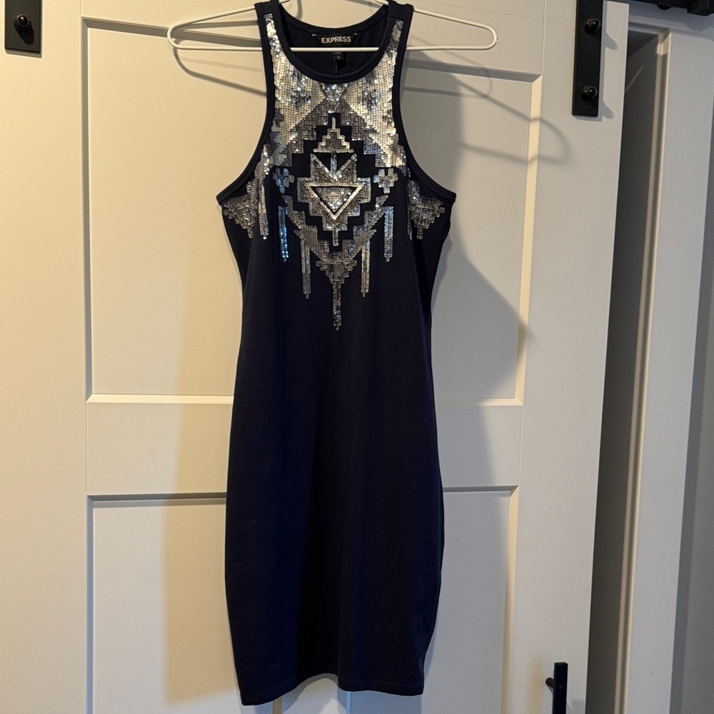 Express Midnight Blue Dress with Silver Sequins
